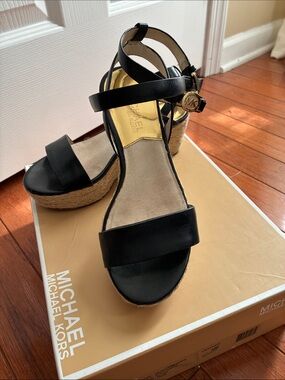 Michael Kors Black Leather Espadrille Wedge Sandals with Gold MK Charm